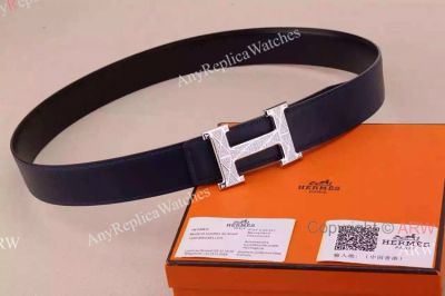 Buy Replica Hermes Black Leather Belt with Diamond 'H' buckle